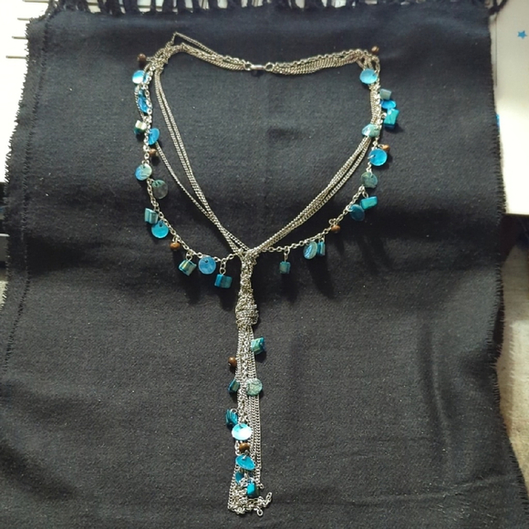 Silver Tone Blue Shell Beads and Discs Layered Long Chain Fringe Necklace - Picture 1 of 6